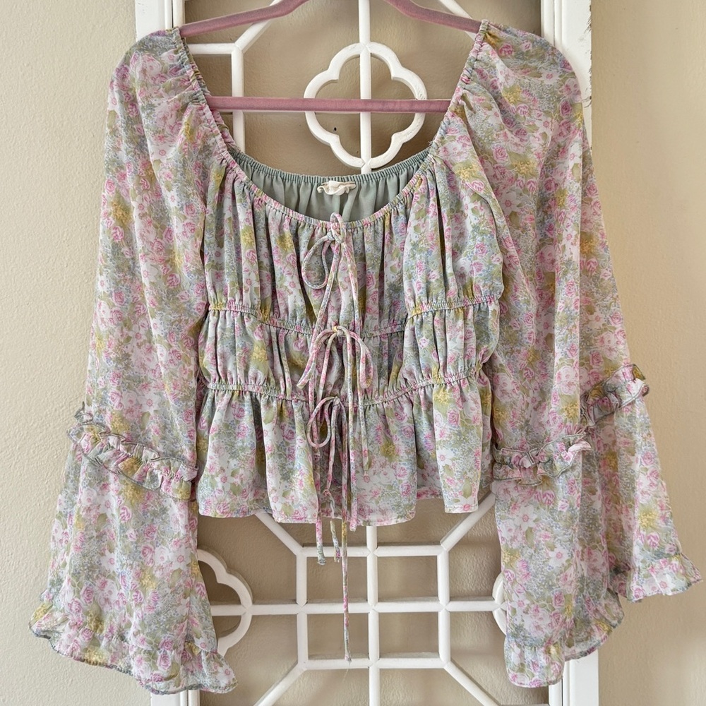 Altar'd State Pastel Floral Blouse with Bell Sleeves